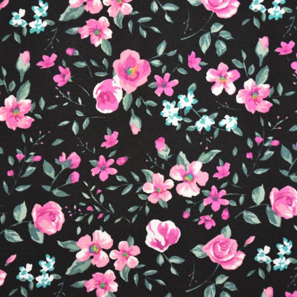 Black/Pink Floral Viscose Printed Fabric (VC0117)